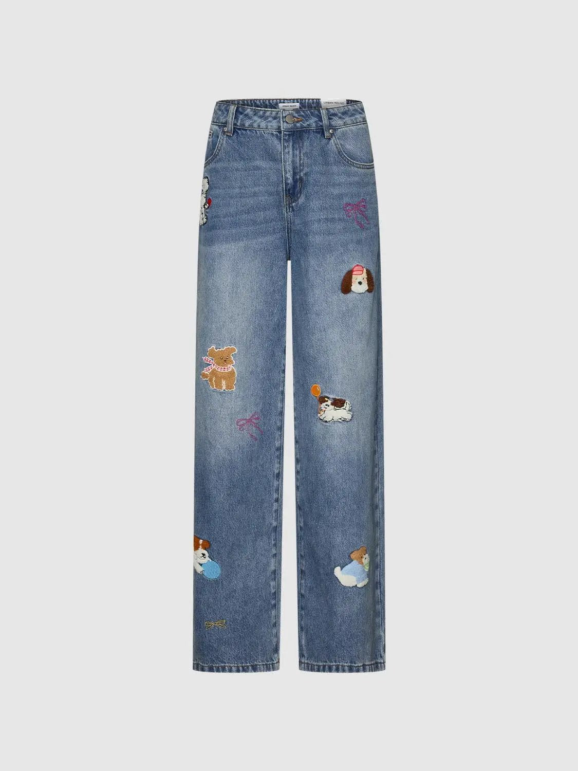 Embroidered Animal Wide-leg High-waisted Cotton Jeans