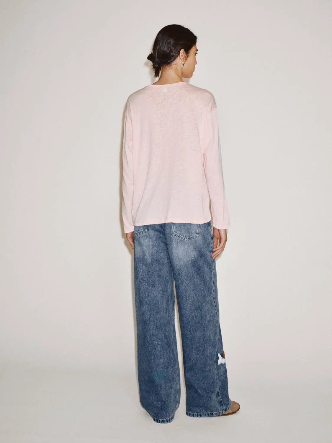 Embroidered Animal Wide-leg High-waisted Cotton Jeans