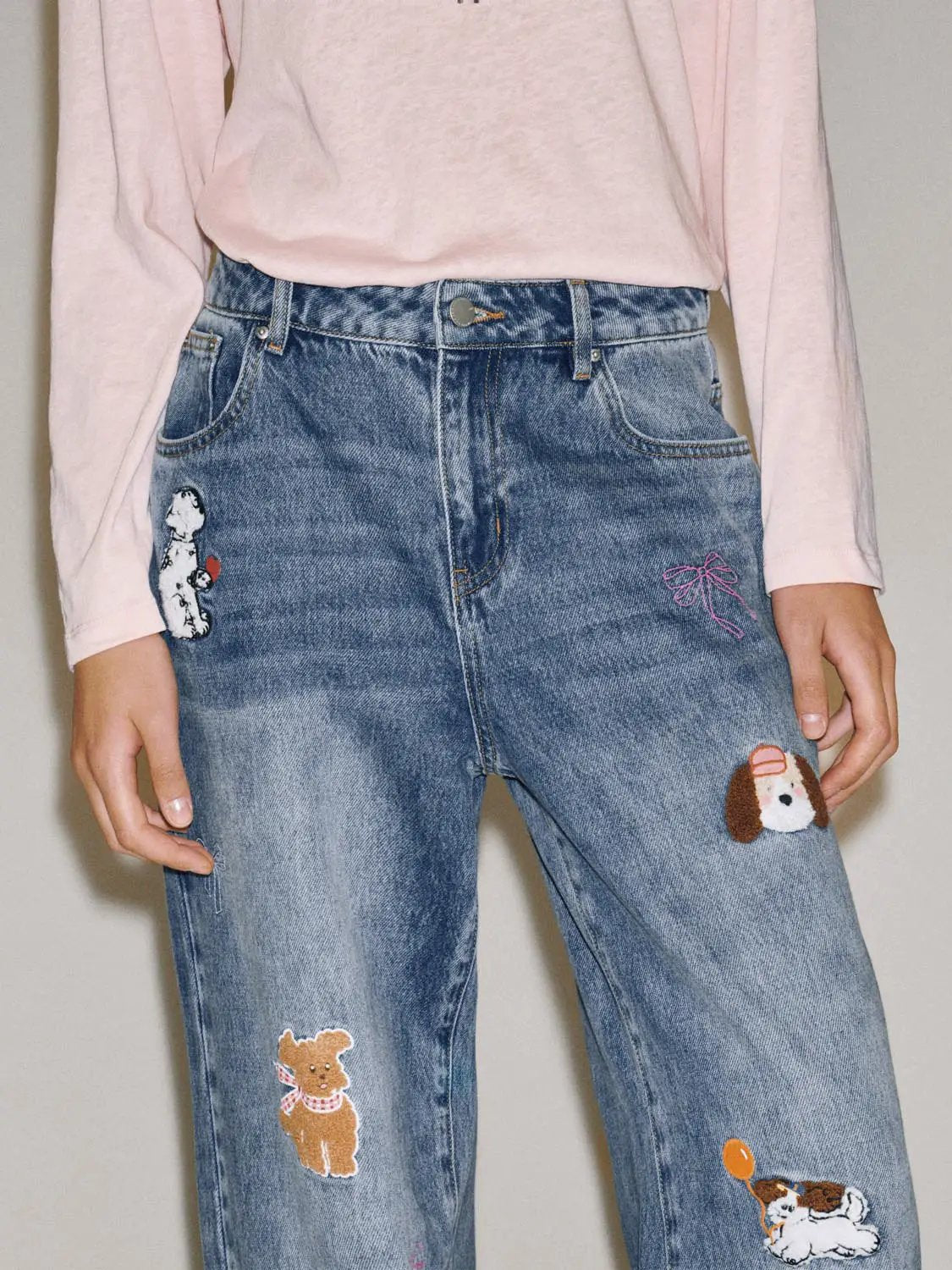 Embroidered Animal Wide-leg High-waisted Cotton Jeans