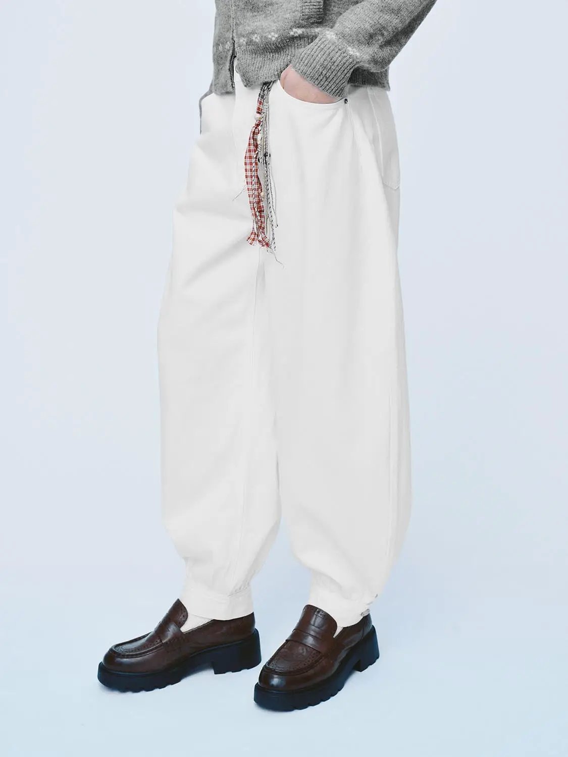 Low-rise Checked Tassel Cotton Blend Wide-leg Pants