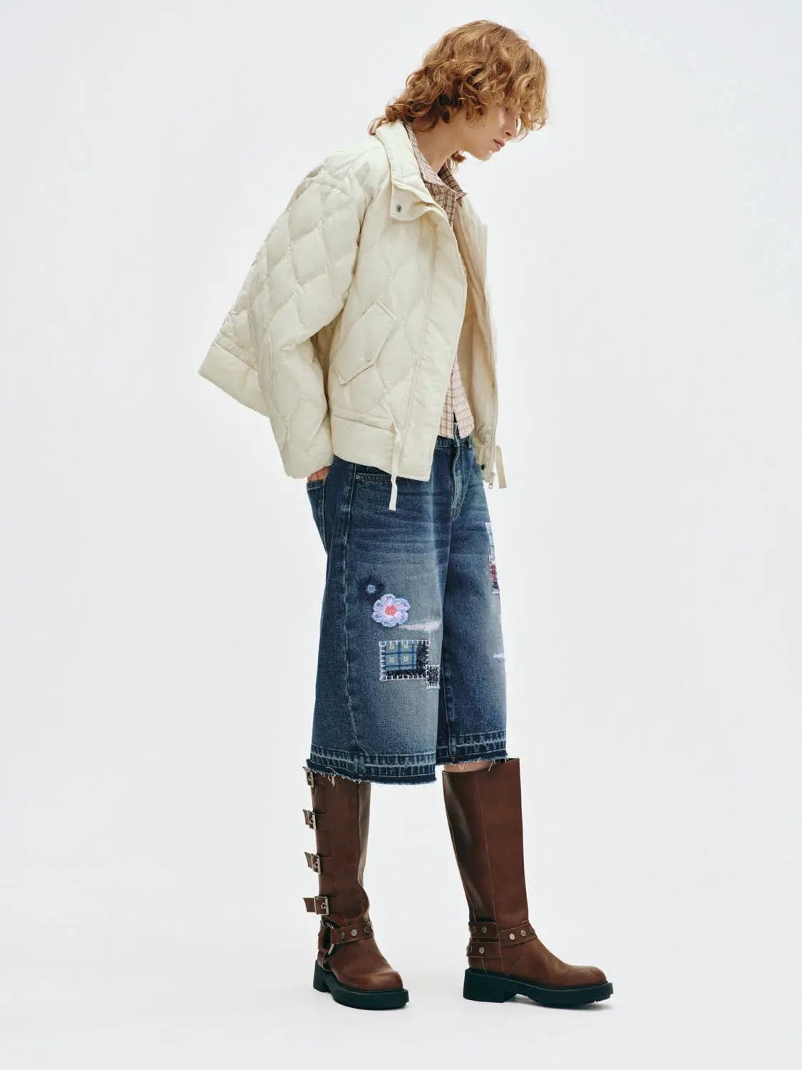 Distressed Patchwork Cotton Wide-leg Capri Shorts