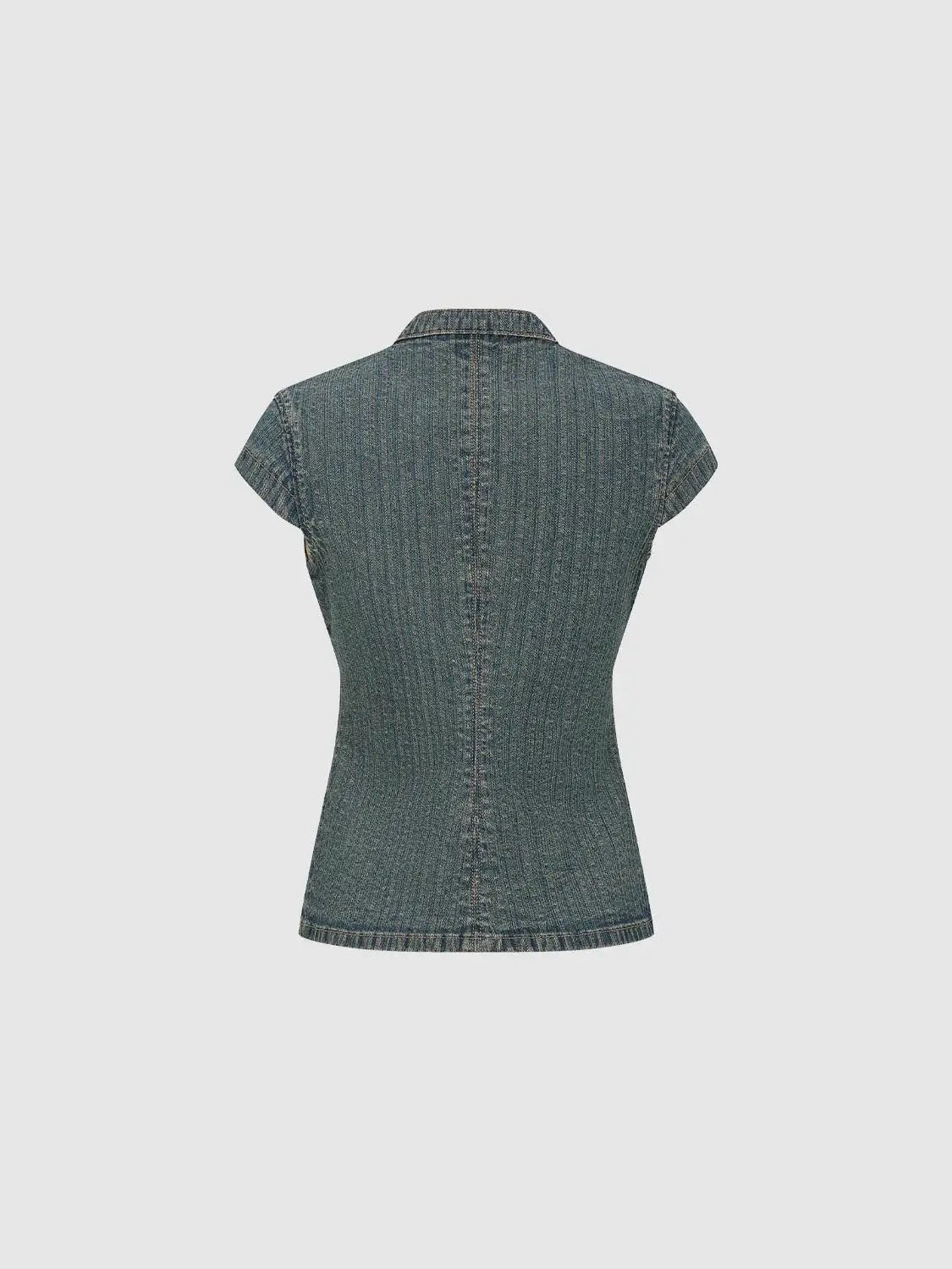 Knotted Button Fitted Short Sleeve Cotton Denim Shirt