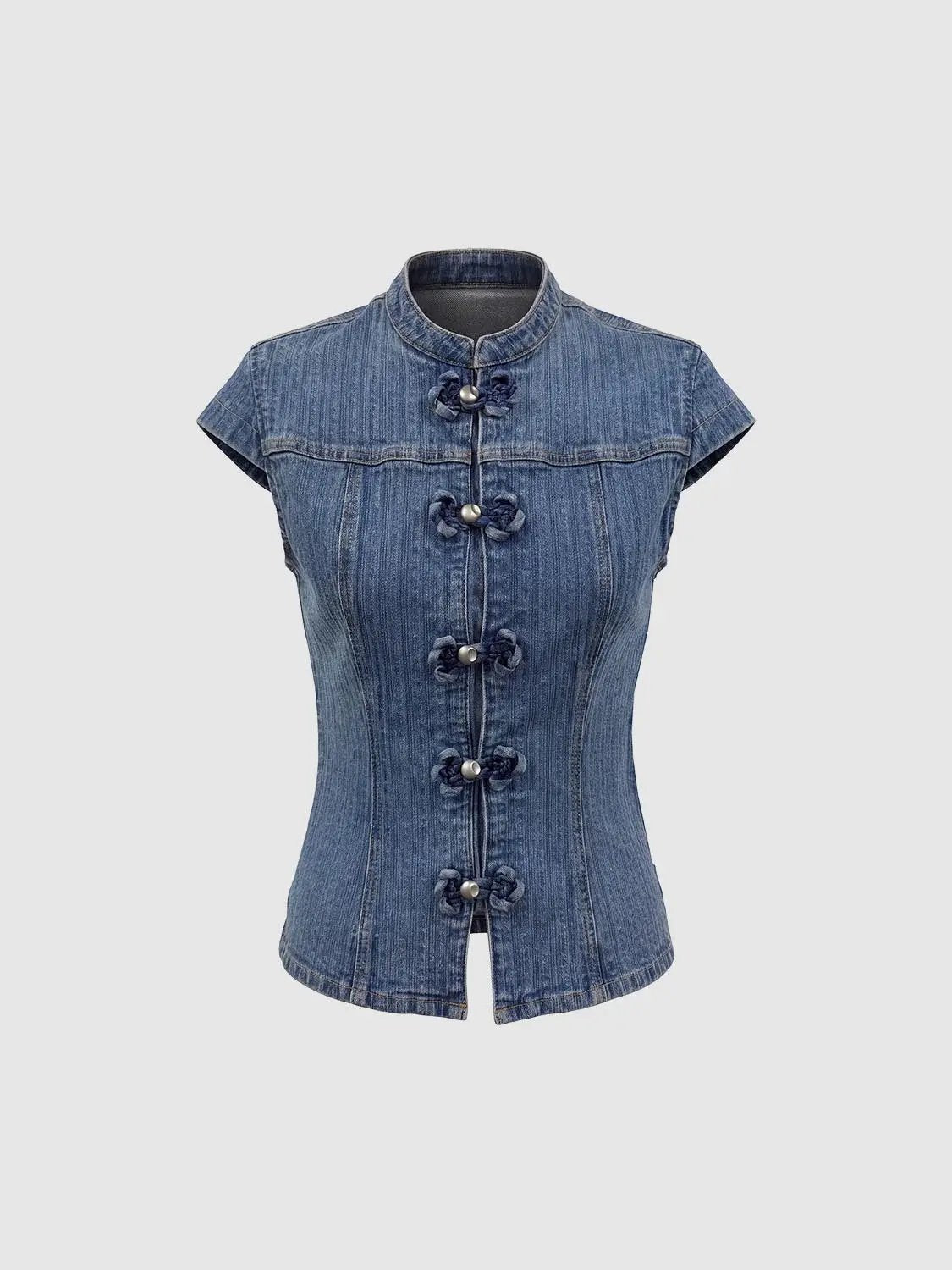 Fitted Twisted Button Sleeveless Cotton Denim Shirt