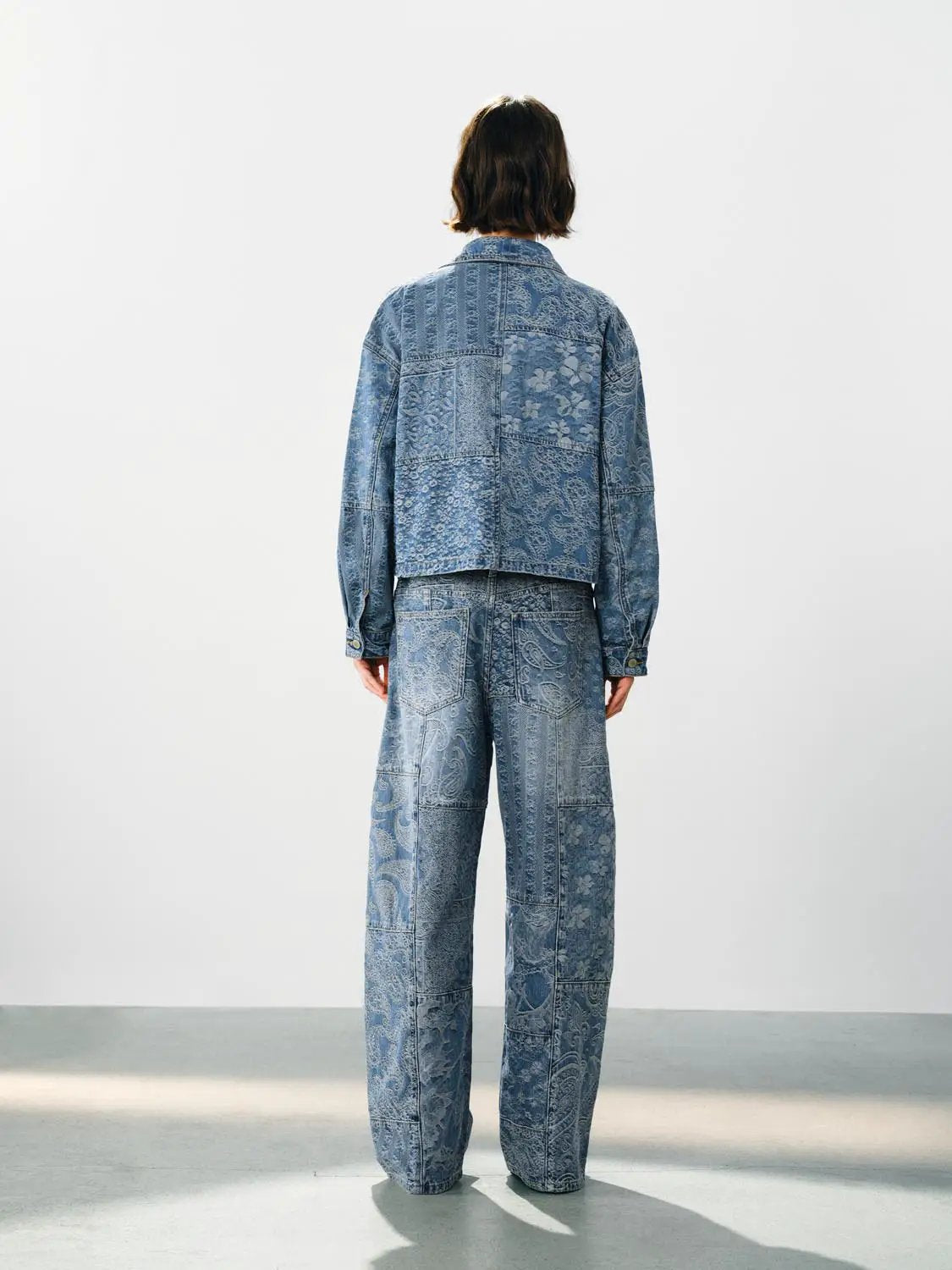 Patchwork Floral Print Wide-leg Low-rise Cotton Jeans