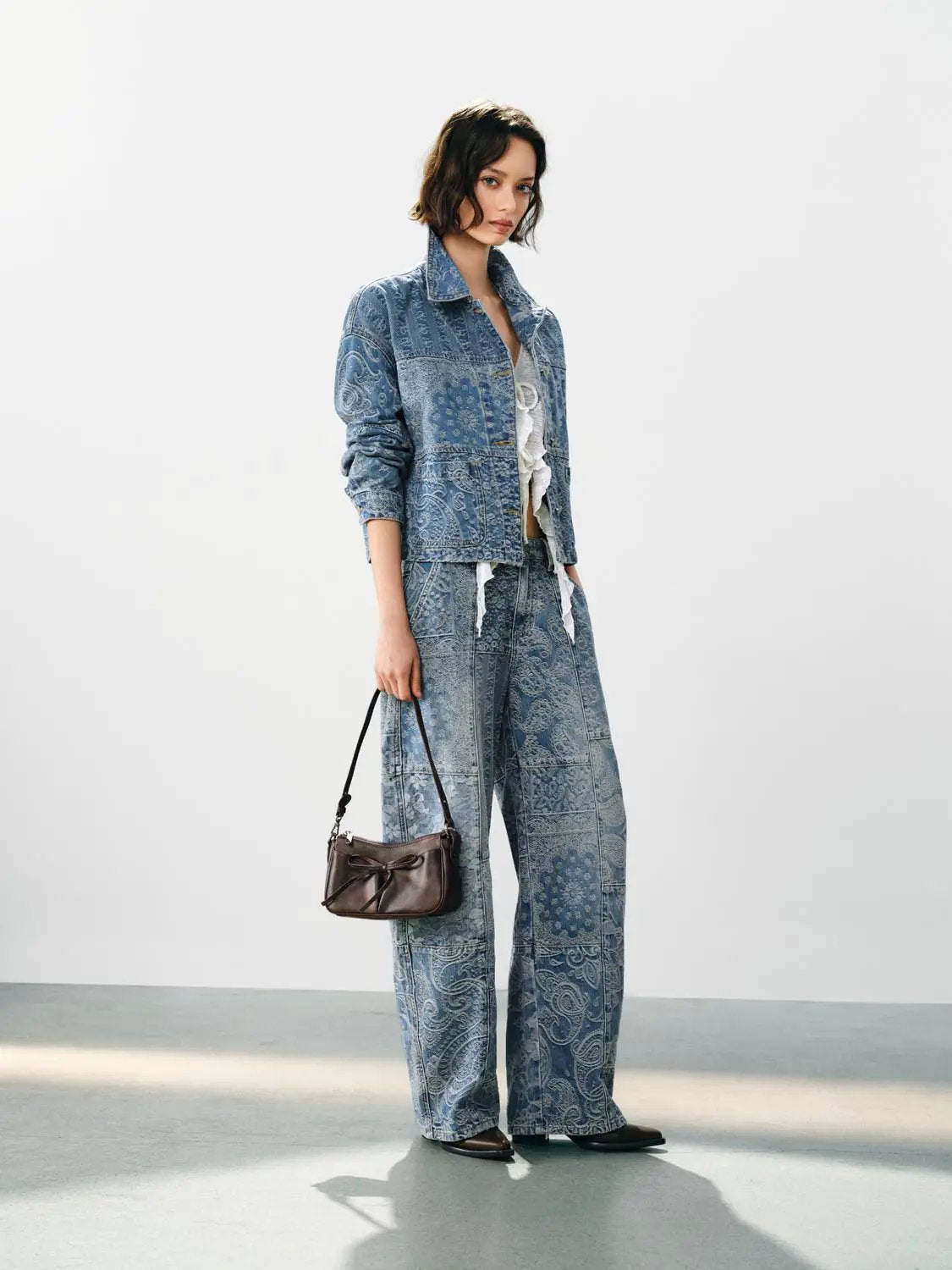 Patchwork Floral Print Wide-leg Low-rise Cotton Jeans
