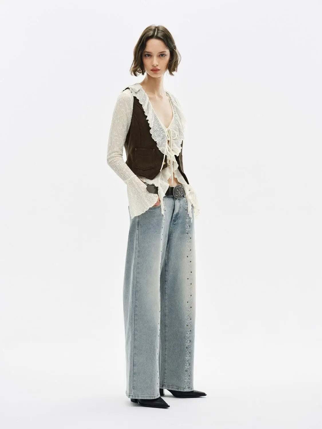Embroidered Wide-leg High-waisted Cotton Jeans