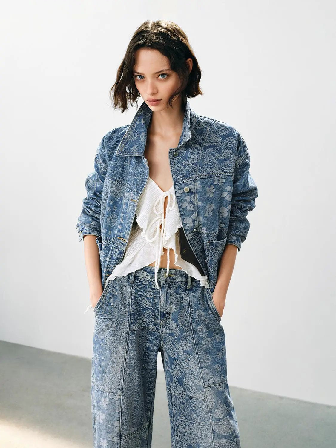 Cropped Printed Long Sleeve Cotton Denim Jacket