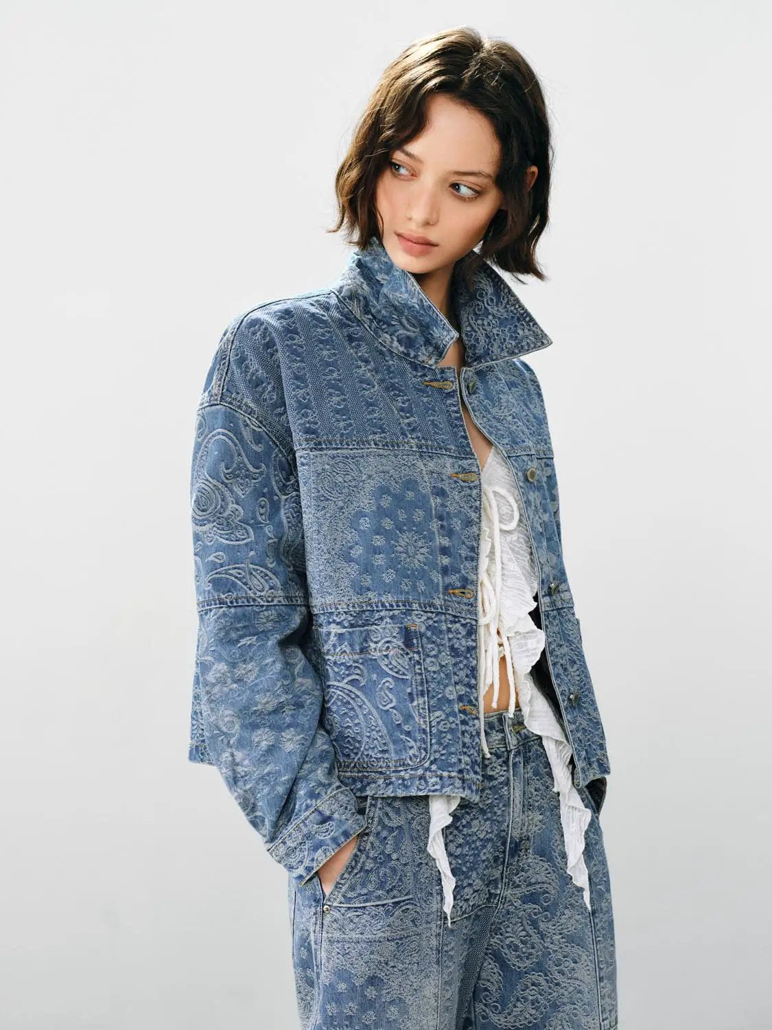 Cropped Printed Long Sleeve Cotton Denim Jacket