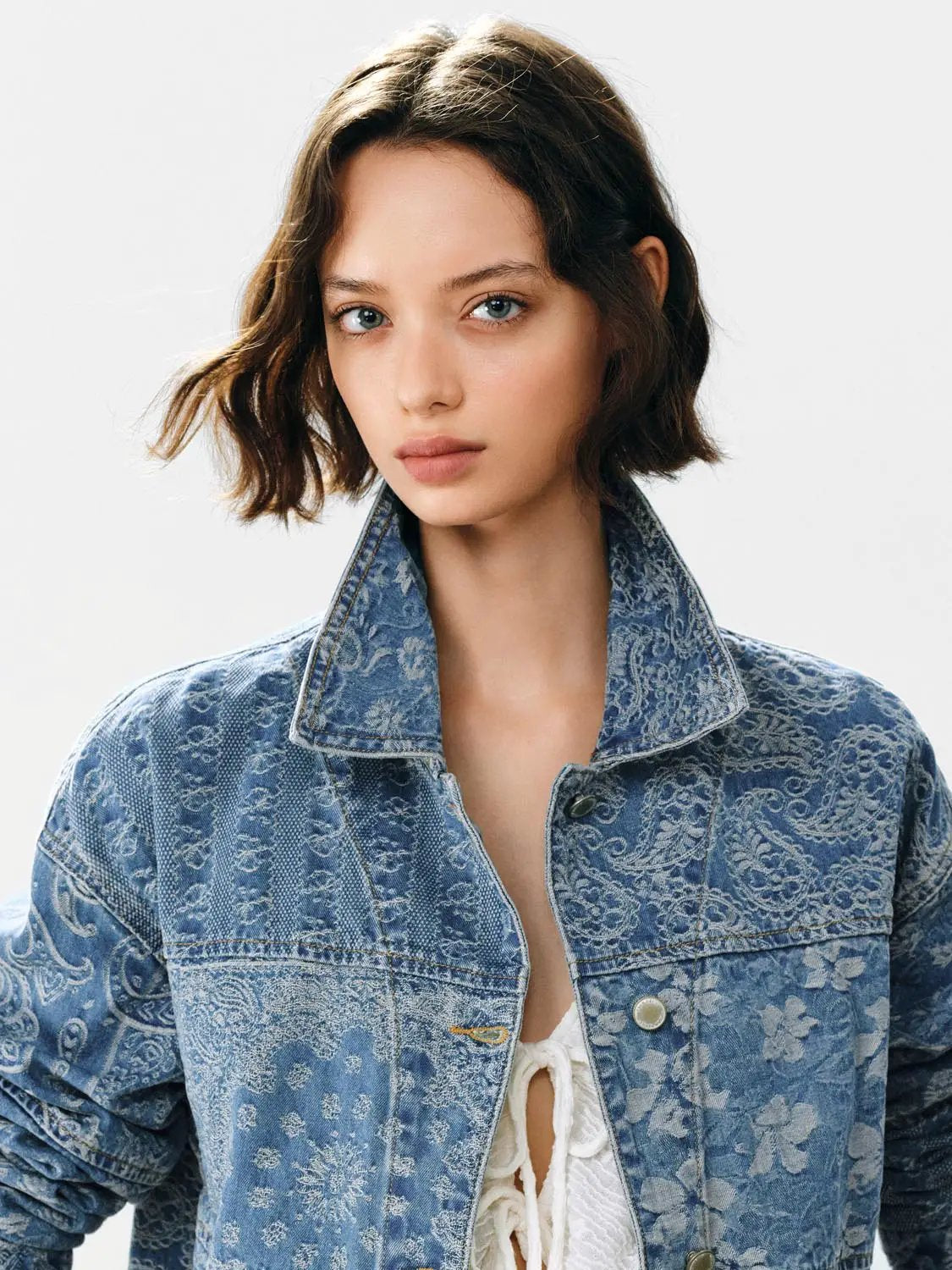 Cropped Printed Long Sleeve Cotton Denim Jacket