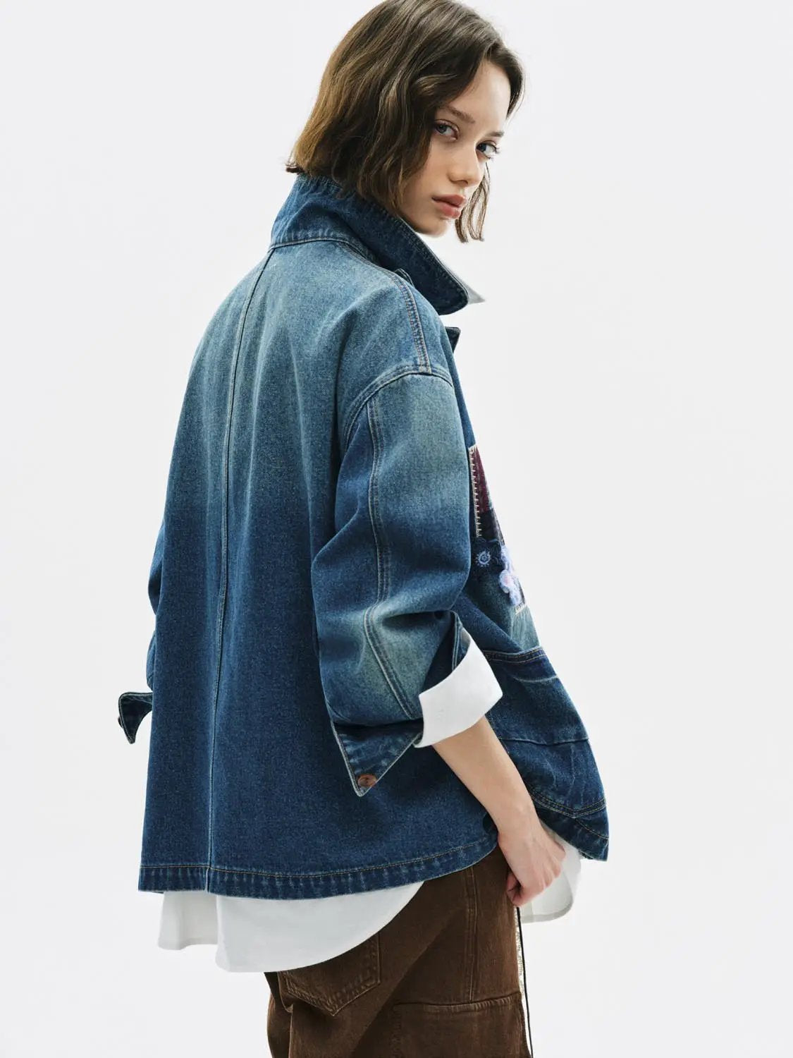 Floral Patchwork Long Sleeve Cotton Denim Jacket