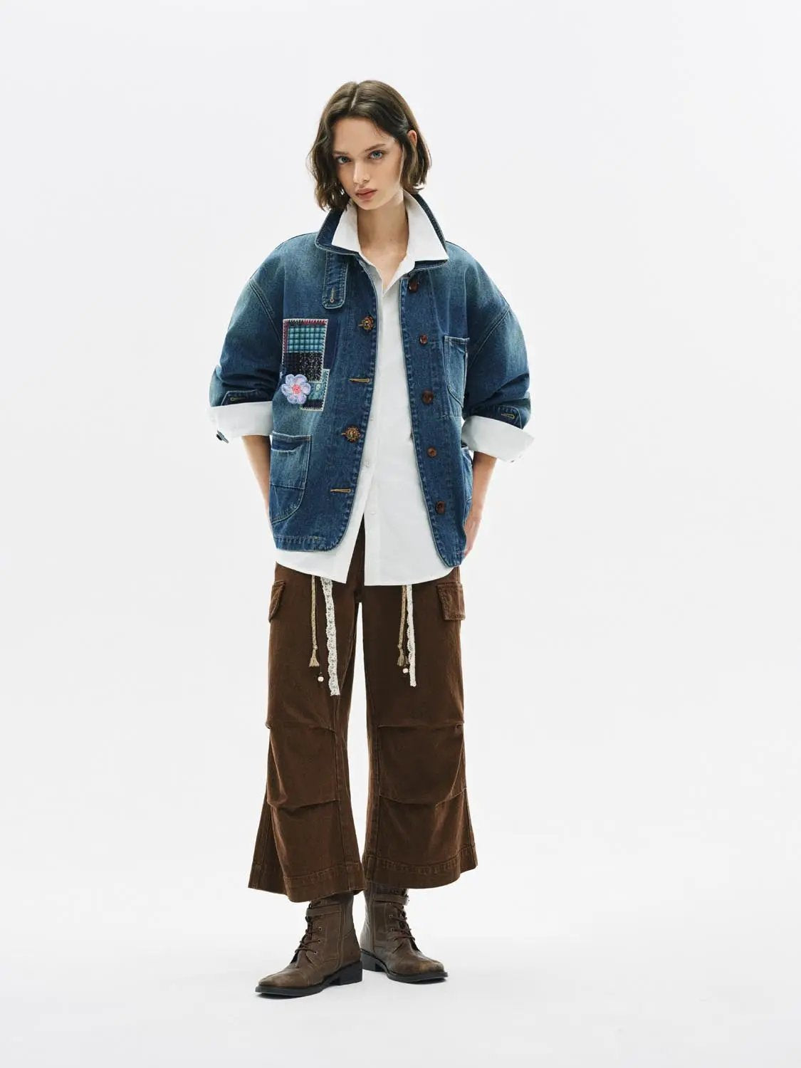 Floral Patchwork Long Sleeve Cotton Denim Jacket
