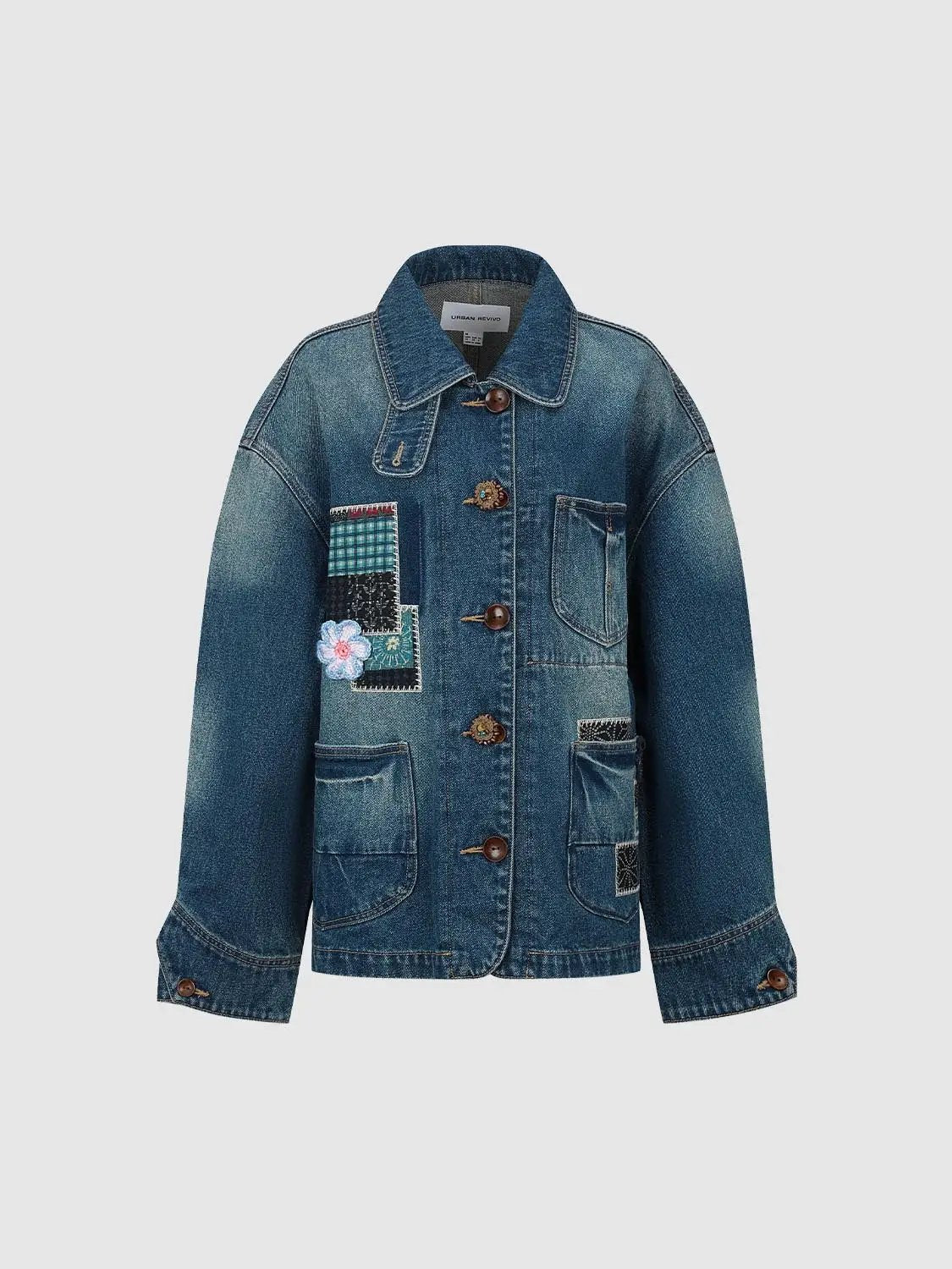 Floral Patchwork Long Sleeve Cotton Denim Jacket