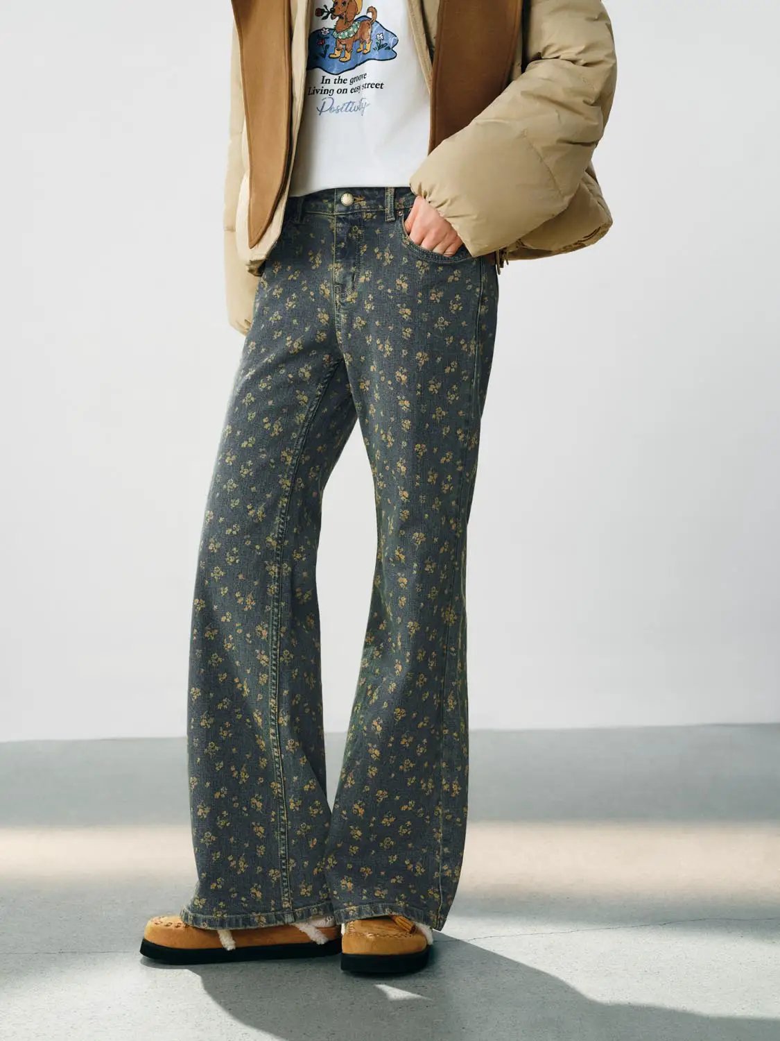 Floral Print High-waisted Wide-leg Cotton Blend Pants
