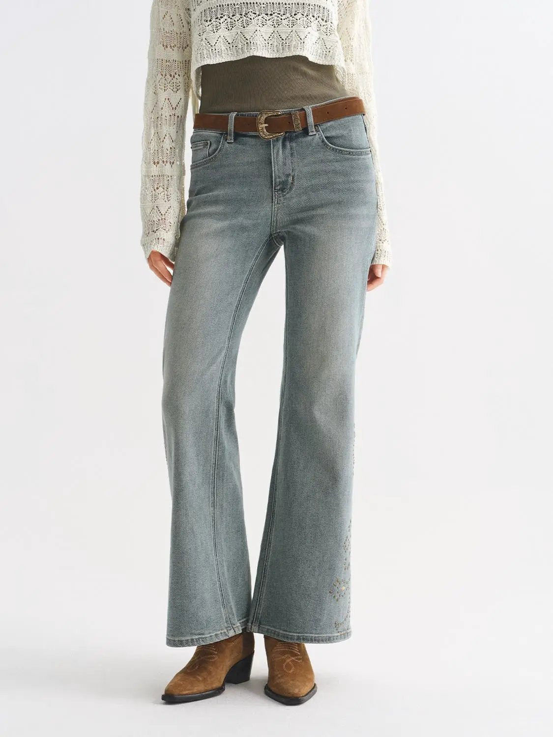 Light Wash Embroidered Wide-leg Mid-rise Cotton Blend Jeans