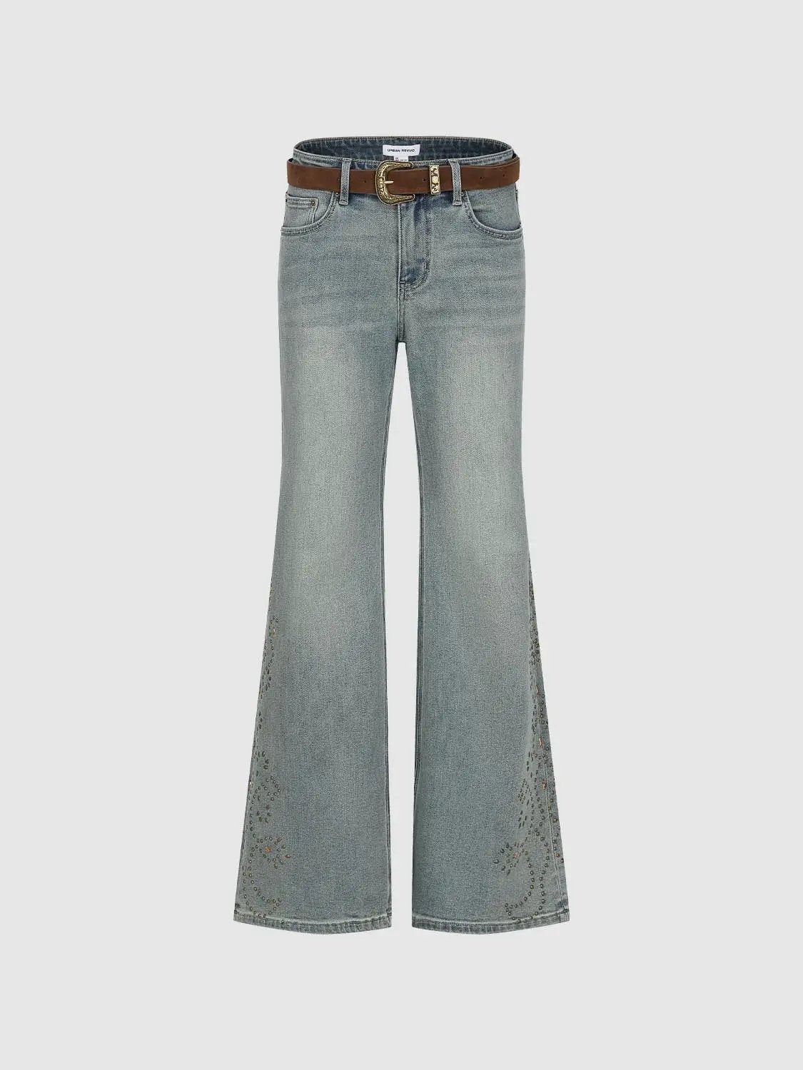 Light Wash Embroidered Wide-leg Mid-rise Cotton Blend Jeans