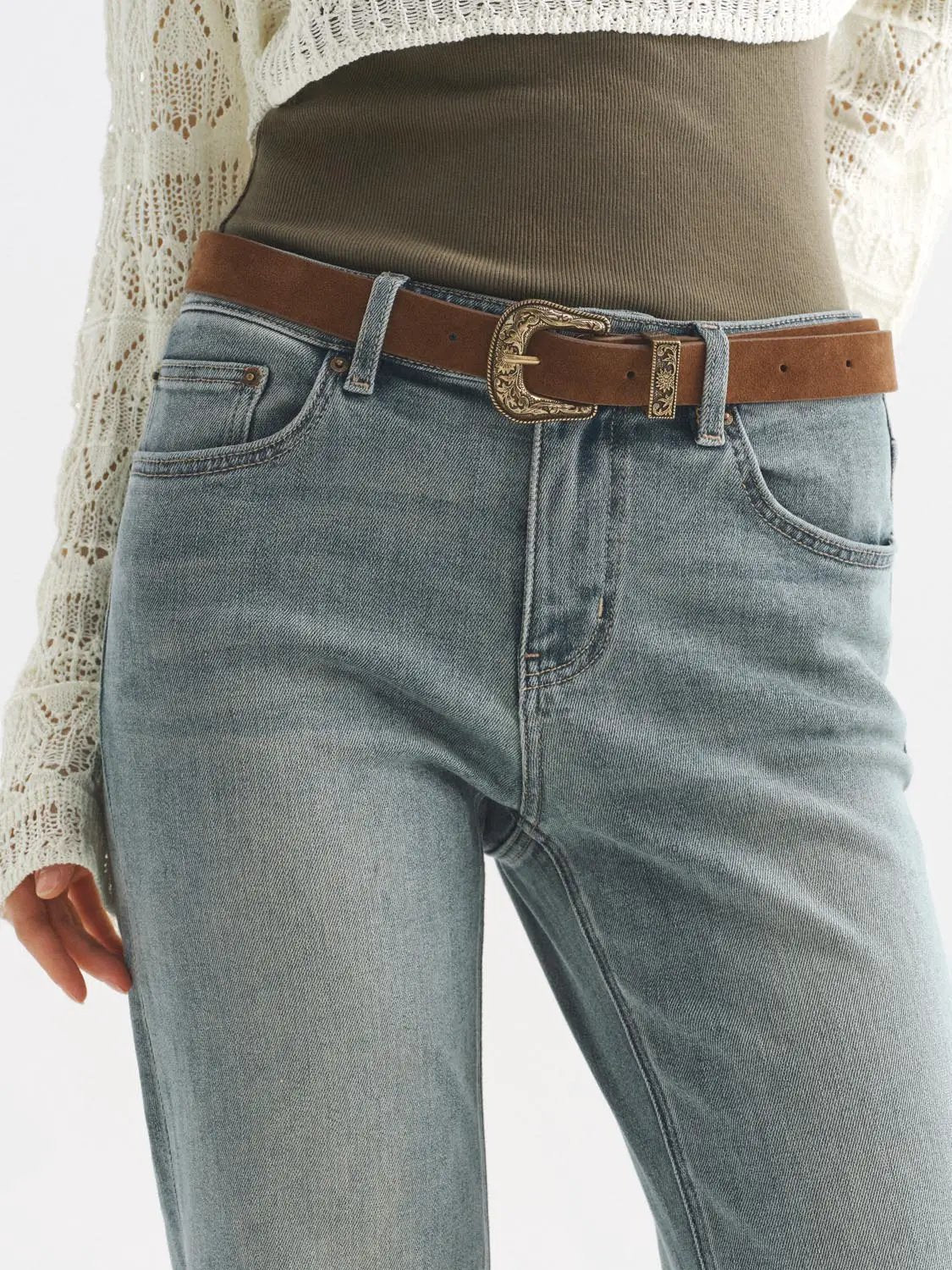Light Wash Embroidered Wide-leg Mid-rise Cotton Blend Jeans