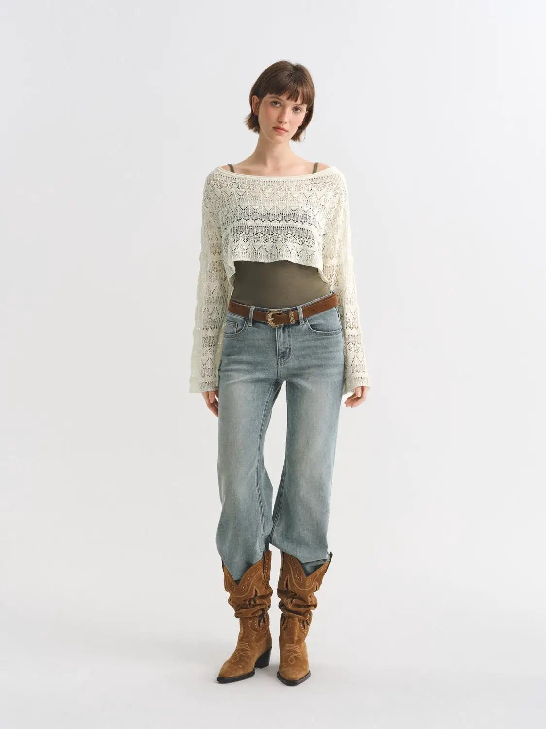 Light Wash Embroidered Wide-leg Mid-rise Cotton Blend Jeans