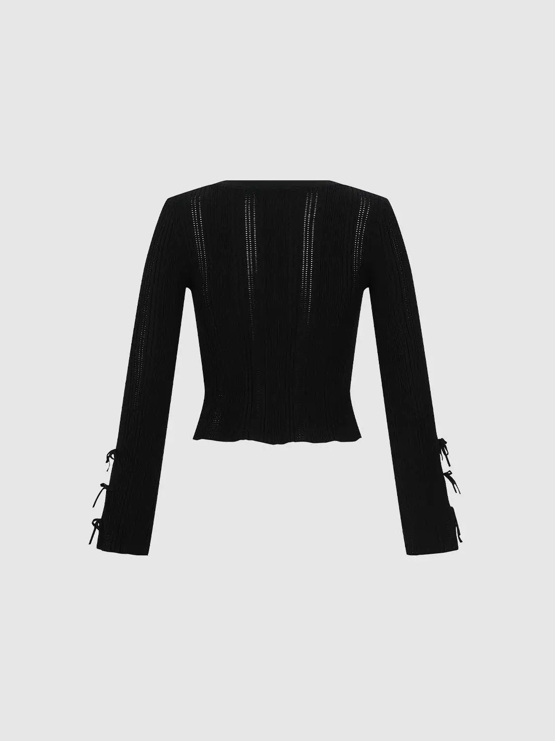 V Neck Front Tie Long Sleeve Open Weave Cropped Knit Top