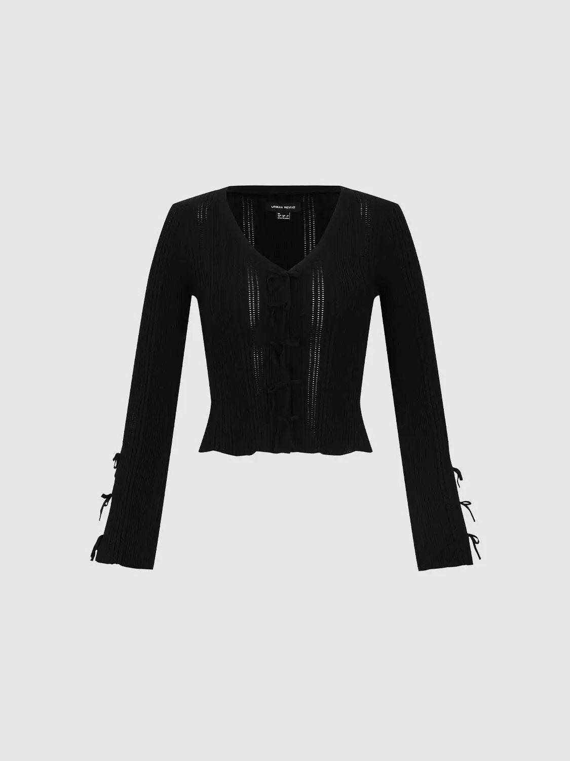 V Neck Front Tie Long Sleeve Open Weave Cropped Knit Top