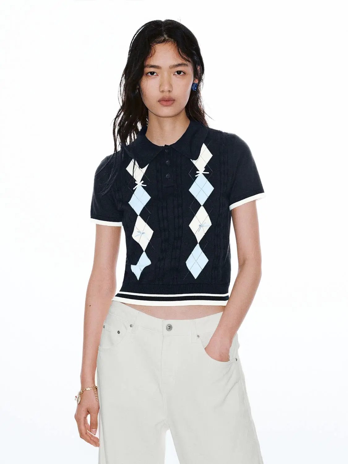 Argyle Diamond Pattern Cotton Polo Neck Knitted T-Shirt