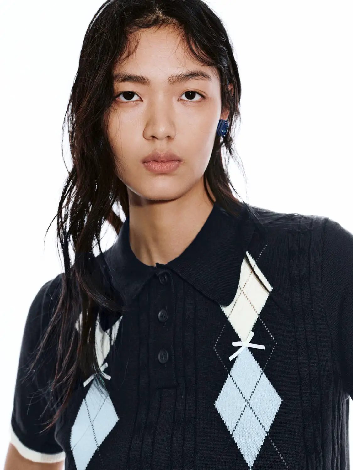 Argyle Diamond Pattern Cotton Polo Neck Knitted T-Shirt