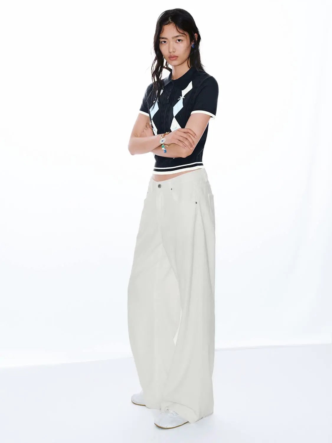 Argyle Diamond Pattern Cotton Polo Neck Knitted T-Shirt