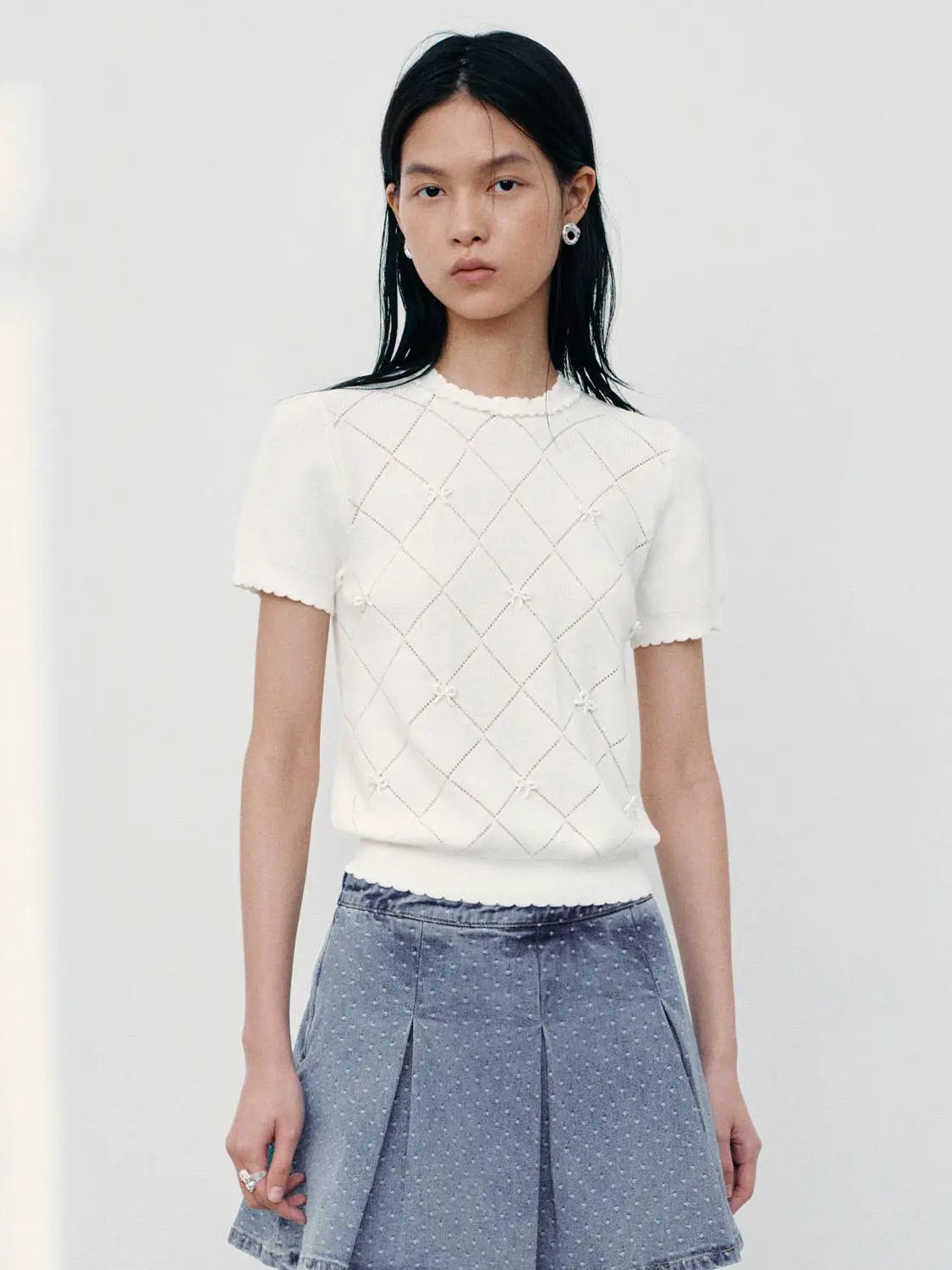 Diamond Grid Openwork Cotton Short Sleeve Knit Top