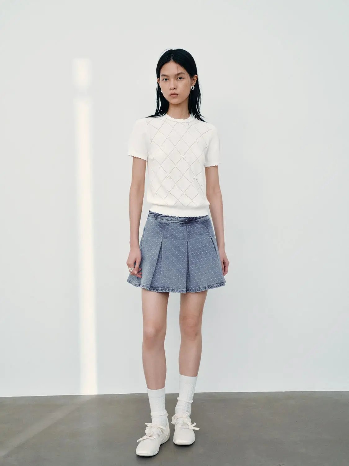 Diamond Grid Openwork Cotton Short Sleeve Knit Top