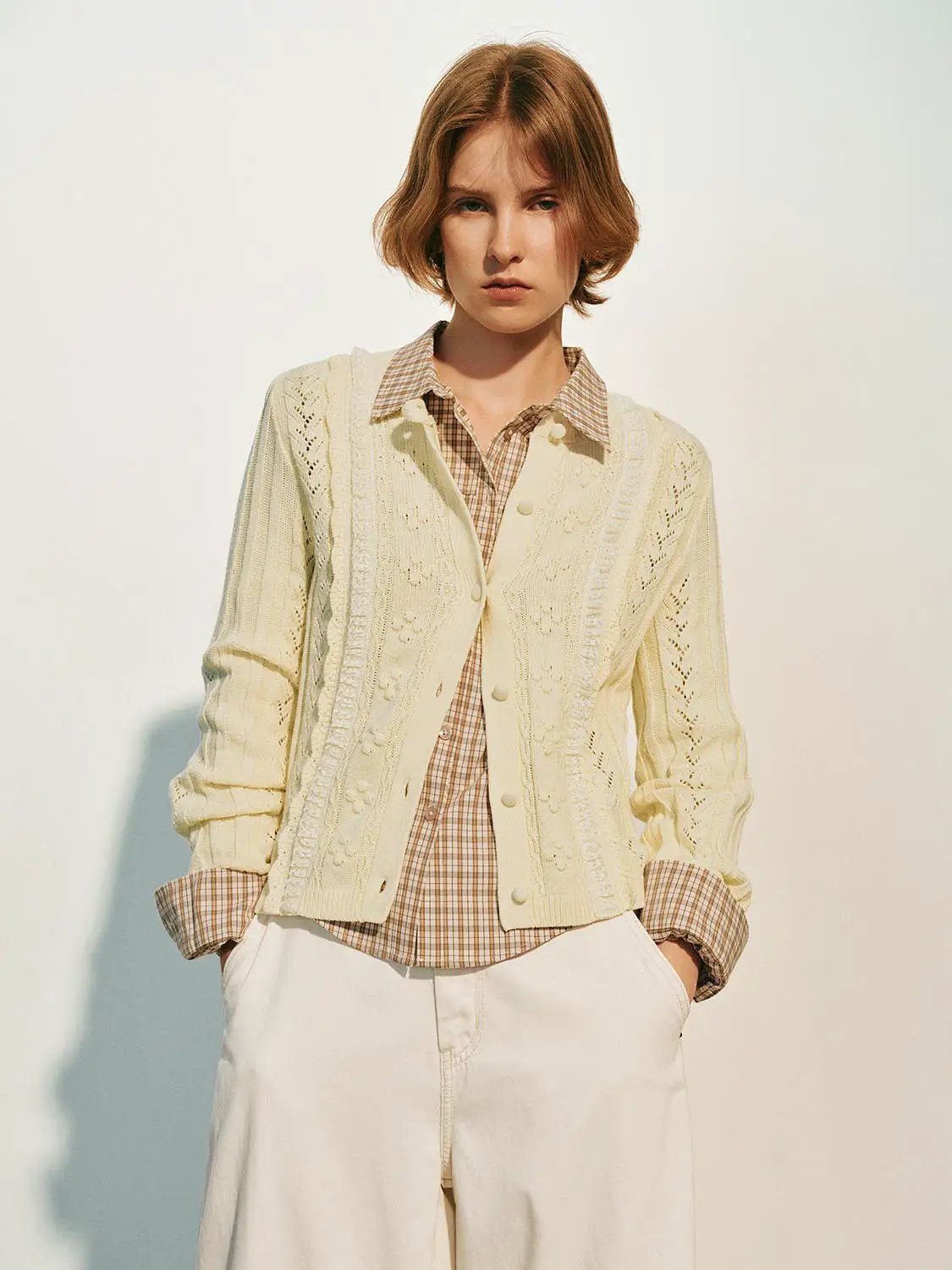 Textured Long Sleeve Cotton Blend Cardigan