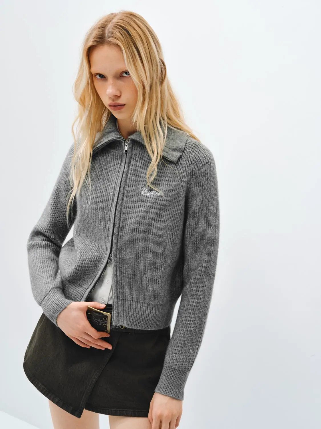 Collar Zip Front Ribbed Long Sleeve Knit Jacket