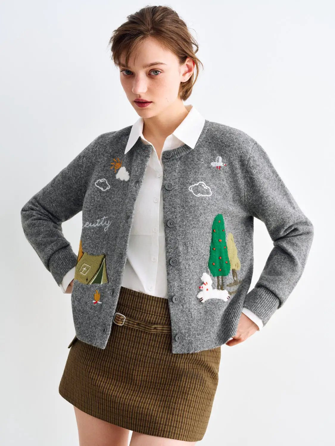 Embroidered Long Sleeve Ribbed Knit Cardigan