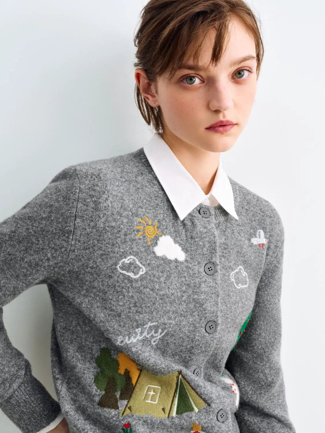 Embroidered Long Sleeve Ribbed Knit Cardigan