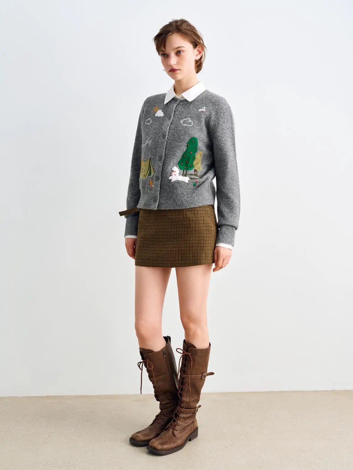 Embroidered Long Sleeve Ribbed Knit Cardigan