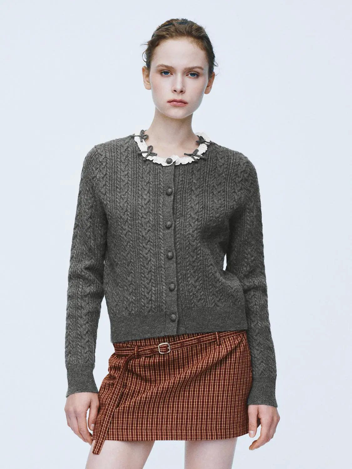 Cable Knit Ruffle Collar Long Sleeve Cardigan