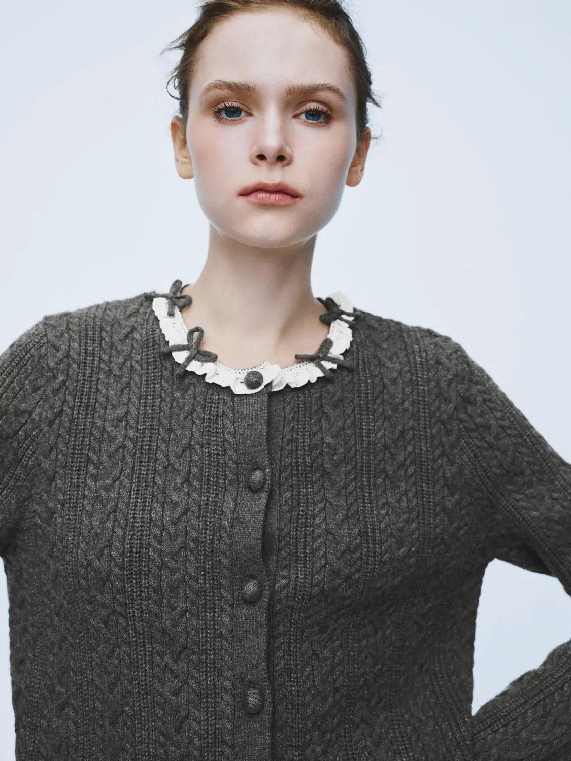 Cable Knit Ruffle Collar Long Sleeve Cardigan