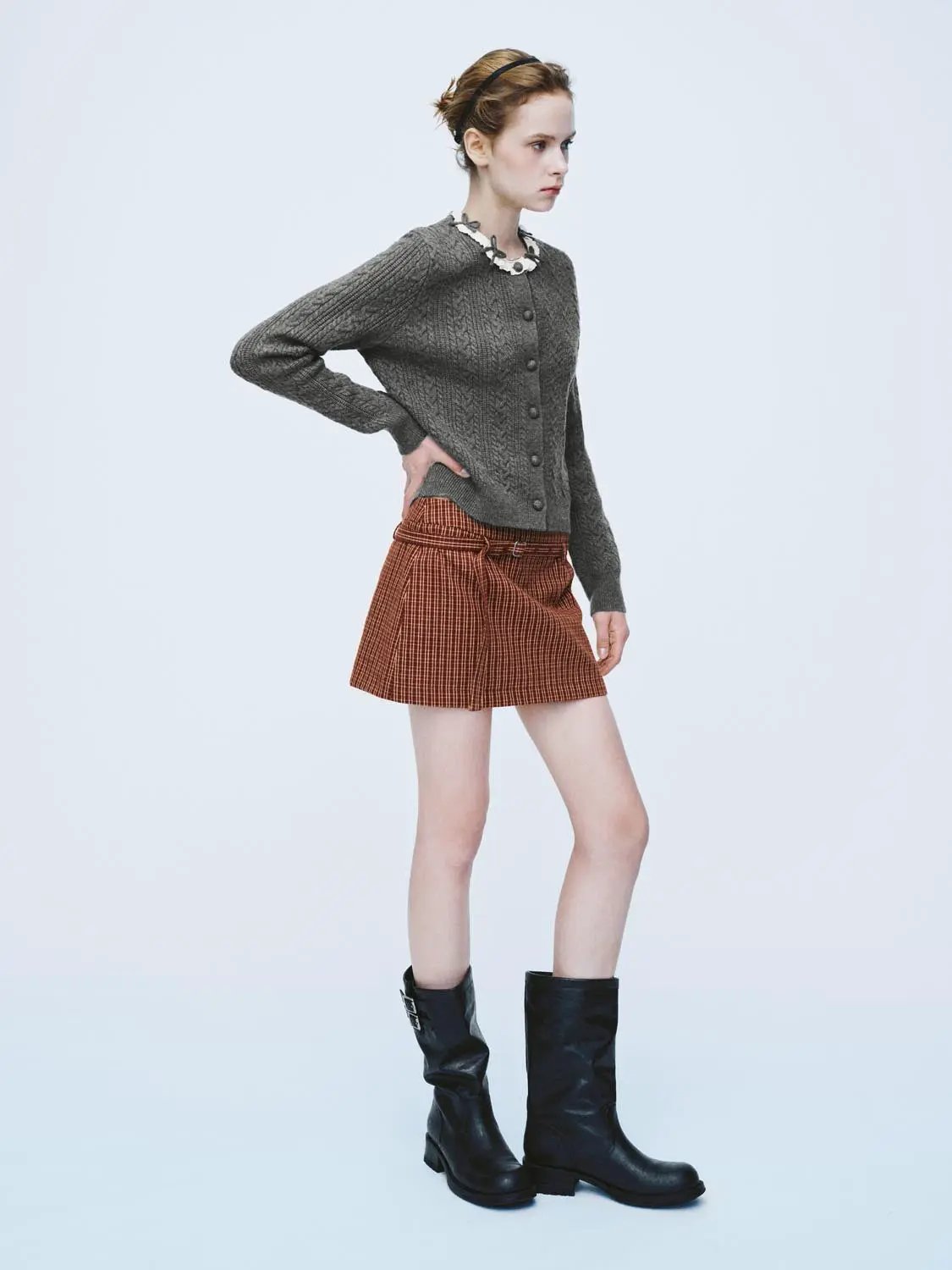 Cable Knit Ruffle Collar Long Sleeve Cardigan