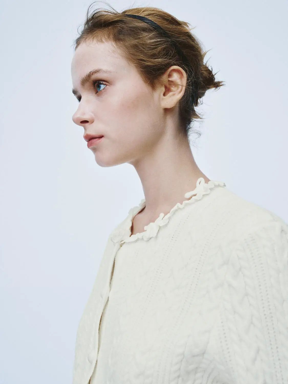 Cable Knit Ruffle Collar Long Sleeve Cardigan