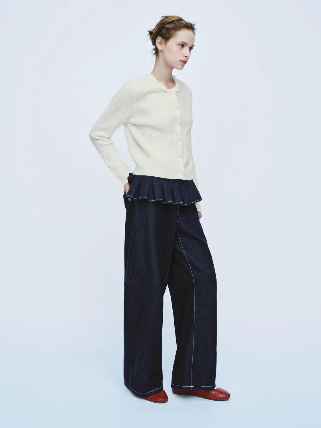Cable Knit Ruffle Collar Long Sleeve Cardigan