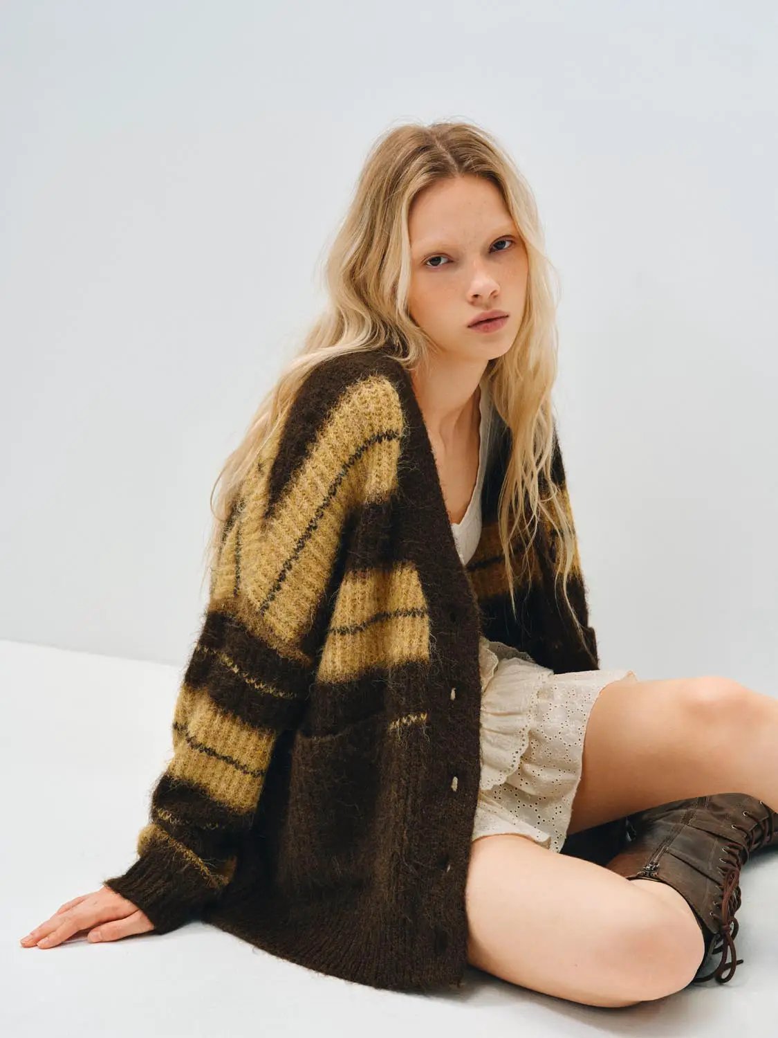 Oversized Long Sleeve Checked Knit Cardigan