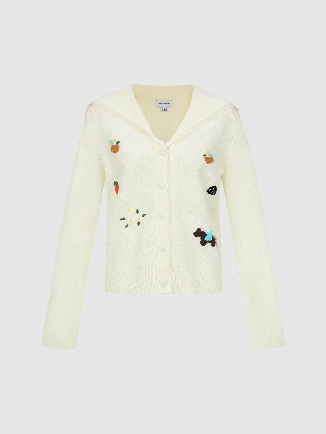 Textured Embroidered V-neck Long Sleeve Knit Cardigan