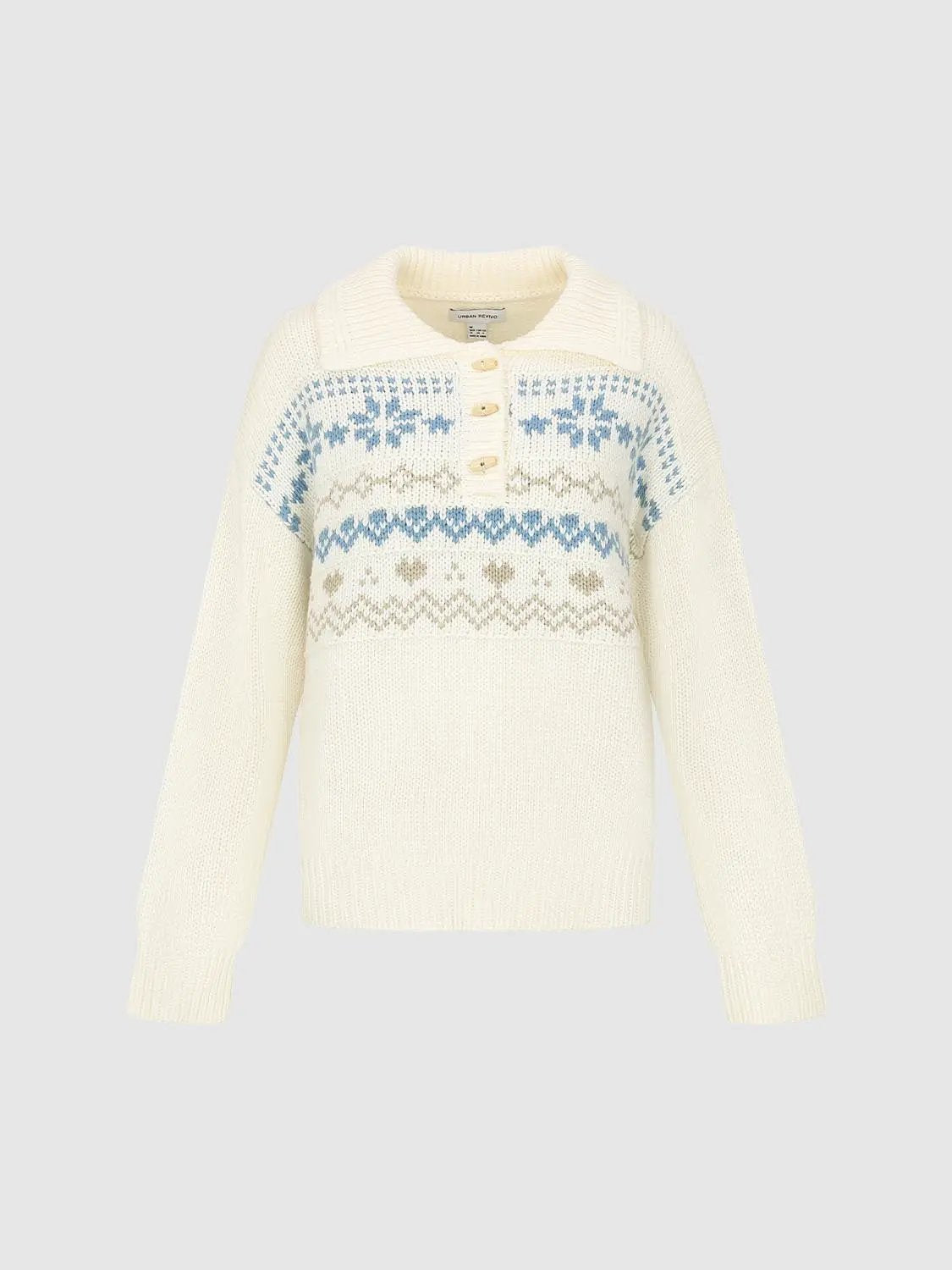 Fair Isle Polo Collar Long Sleeve Knit Sweater