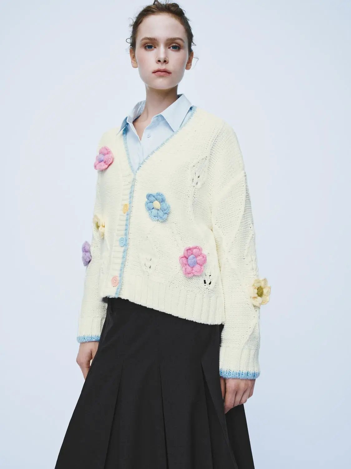 Colorful Floral Ribbed V-Neck Long Sleeve Cardigan