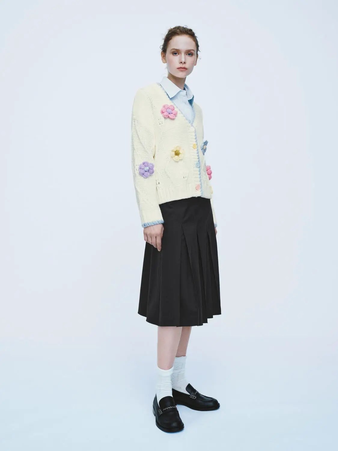 Colorful Floral Ribbed V-Neck Long Sleeve Cardigan