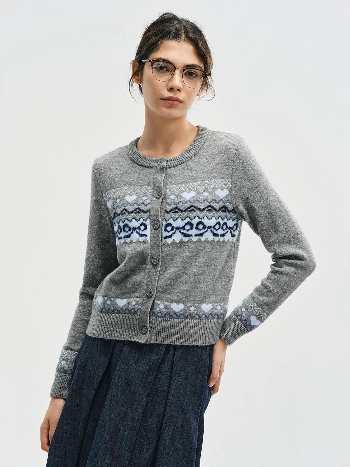 Fair Isle Heart Pattern Crew Neck Long Sleeve Cardigan