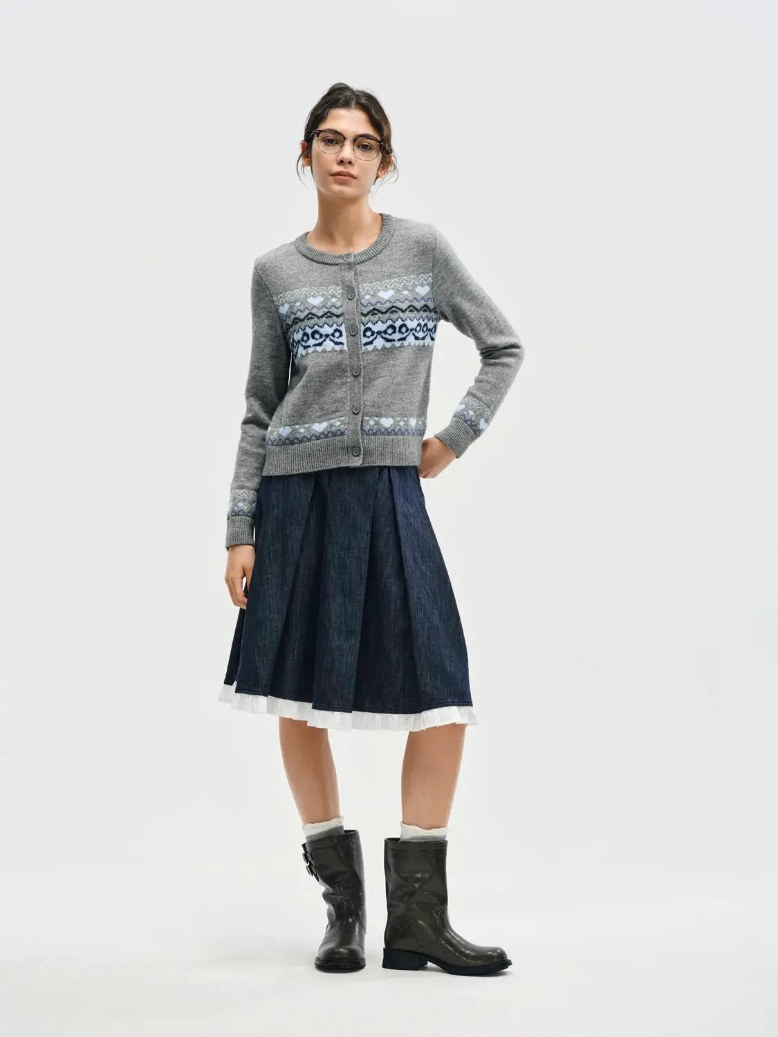 Fair Isle Heart Pattern Crew Neck Long Sleeve Cardigan