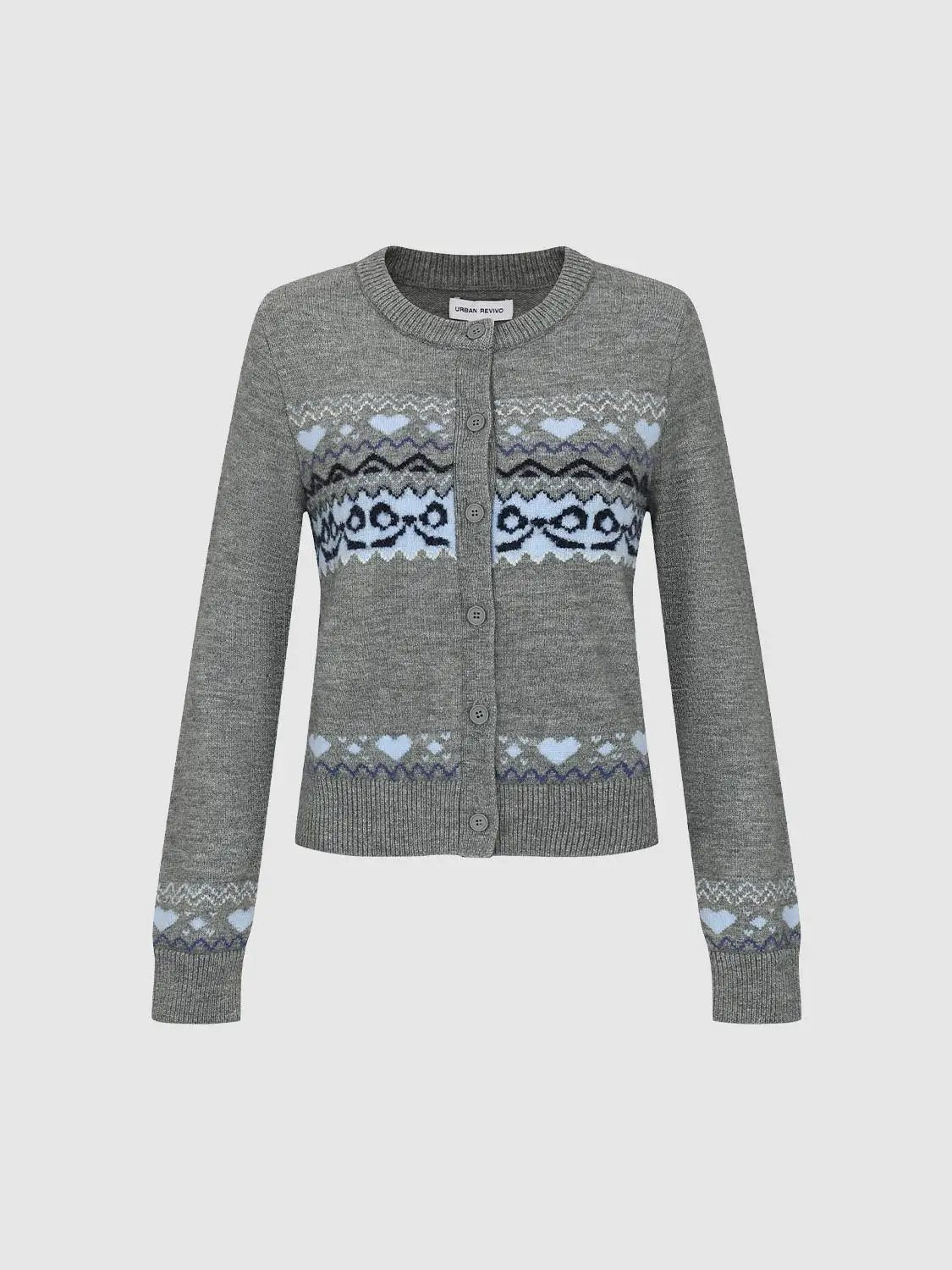 Fair Isle Heart Pattern Crew Neck Long Sleeve Cardigan