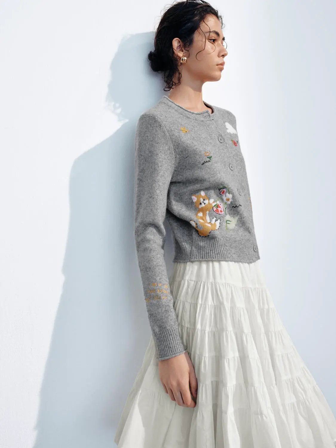Embroidered Crew Neck Long Sleeve Cardigan