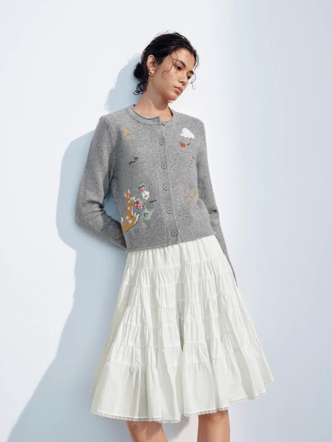 Embroidered Crew Neck Long Sleeve Cardigan