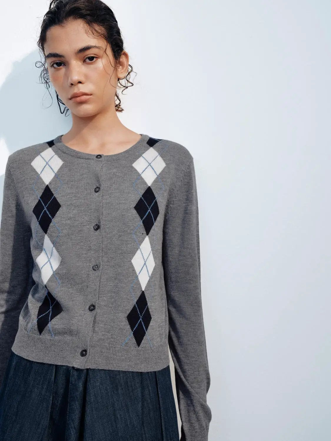Button Front Argyle Knit Long Sleeve Cardigan