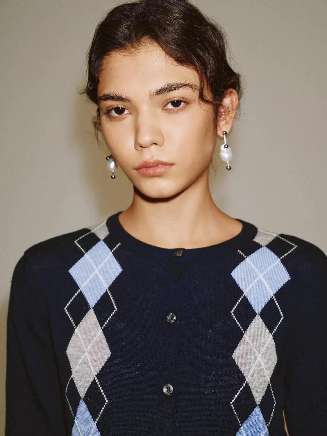 Button Front Argyle Crew Neck Long Sleeve Cardigan